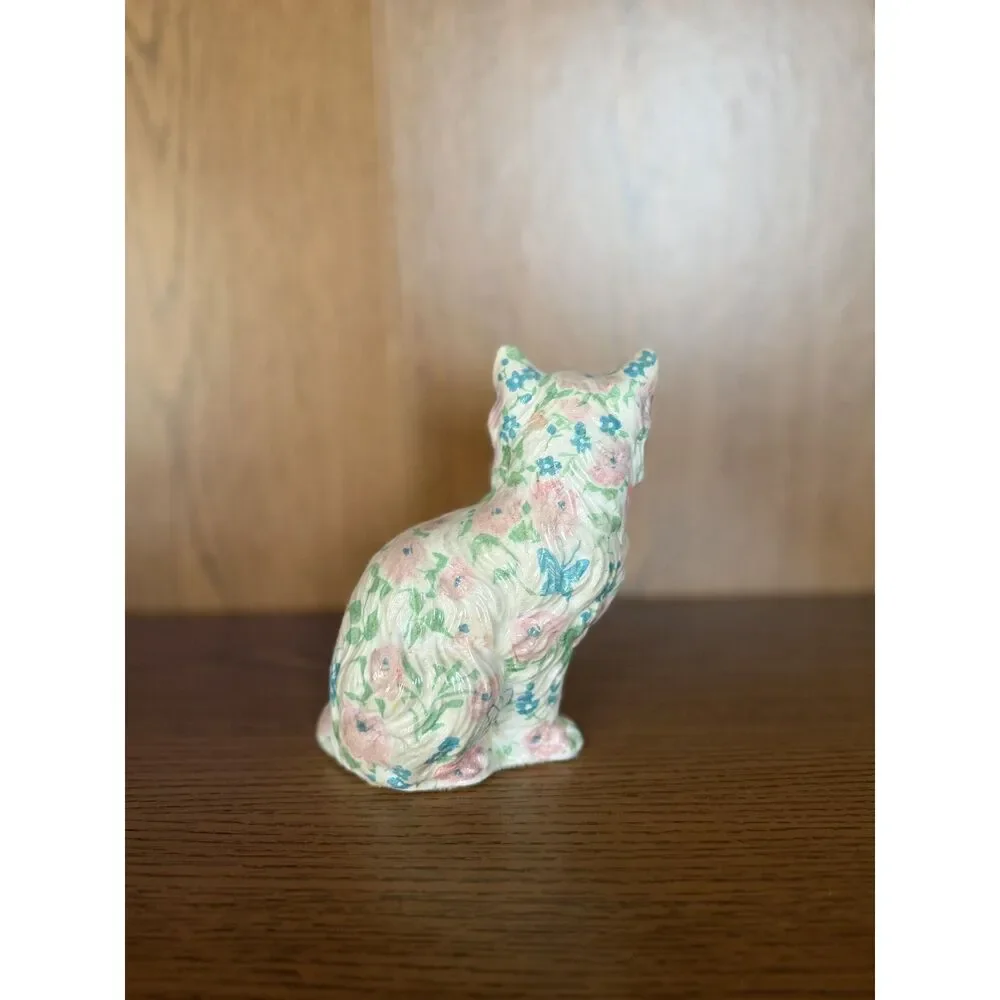 Vintage Floral Chintz Ceramic Cat Figurine Retro Kitsch Calico Kitty
